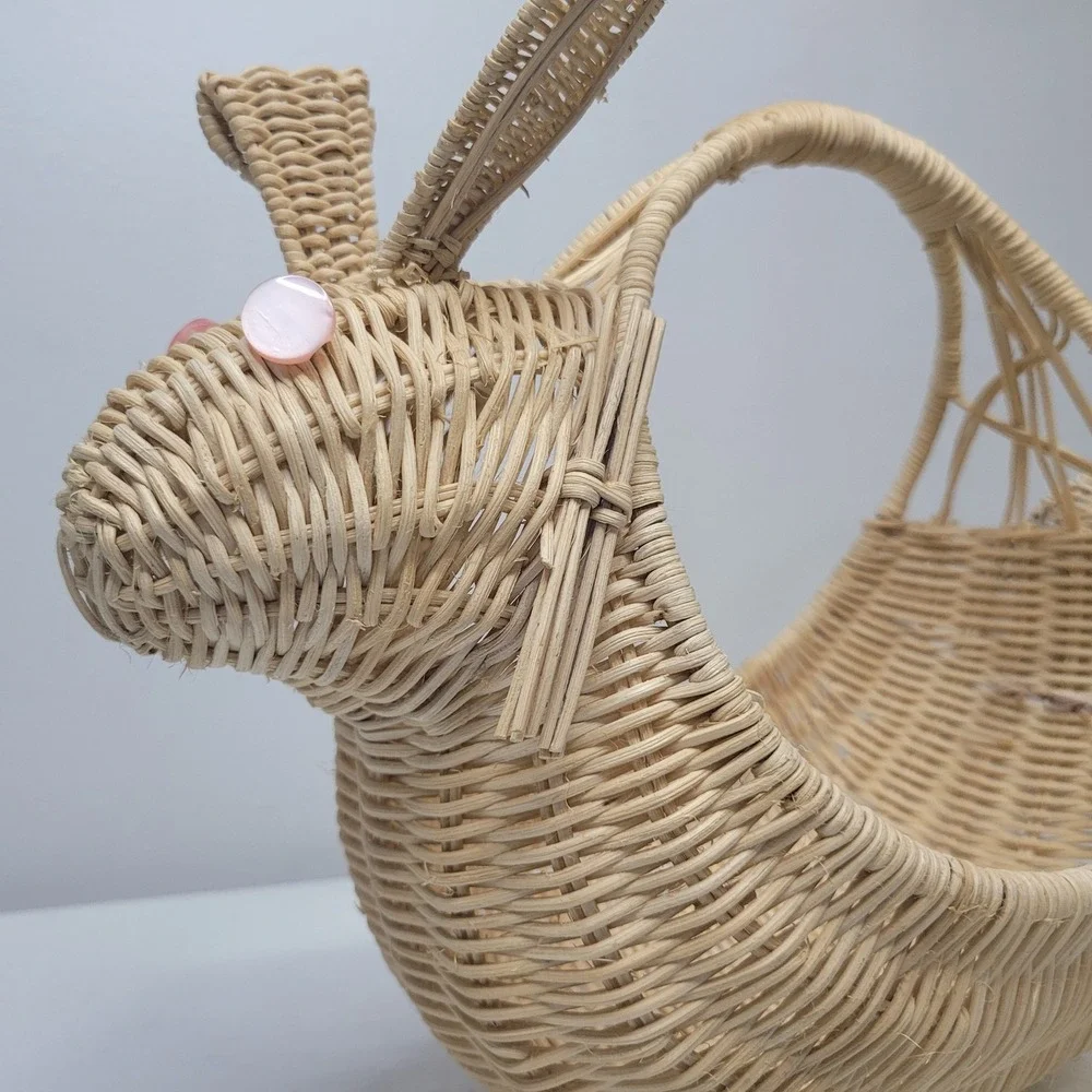Vintage Woven Wicker Bunny Rabbit Easter Basket Pink Button Eyes‎ 13 Inch